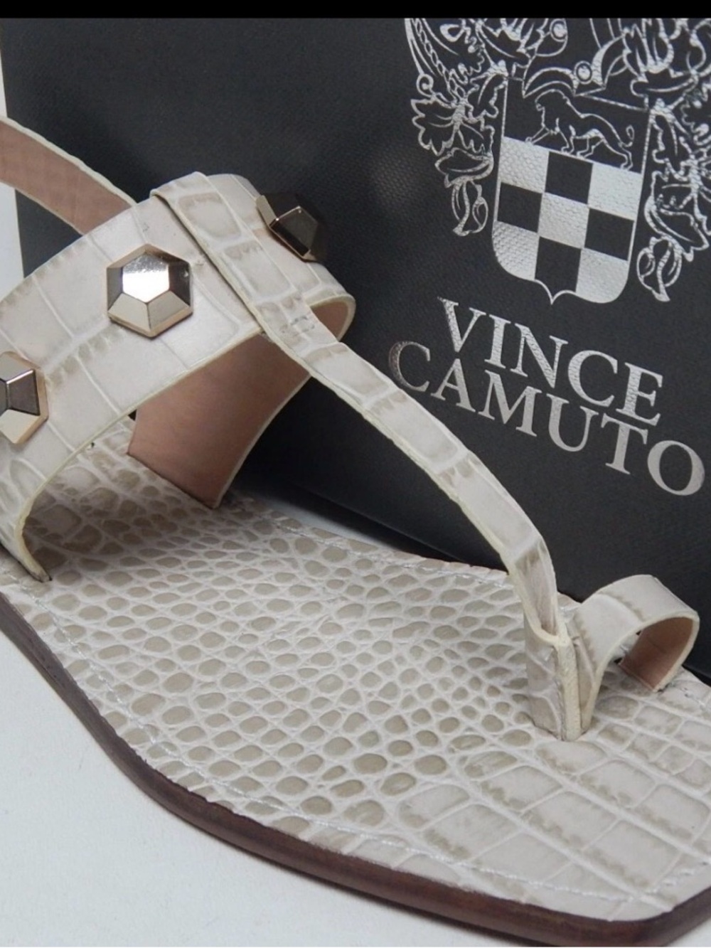 Vince Camuto Cream Croc-Embossed Wedge Sandals with Gold Hex Studs